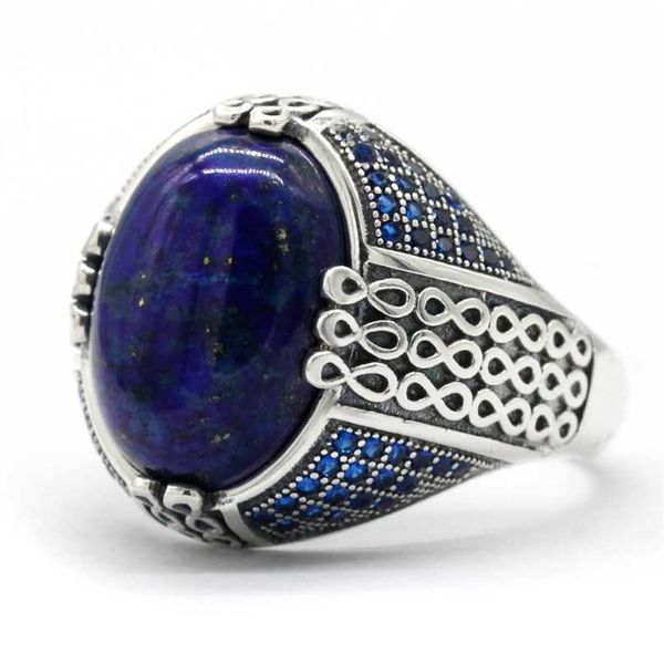 Lapis Lazuli Pierre pour Hommes 925 Sterling Silver Blue Vintage Stripe Anneau Turc Thai Bijoux Mâle Femmes Cadeau 211217