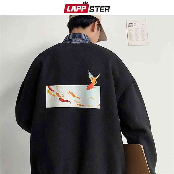 LAPPSTER Hombres Fleece Oversized Fish Print Hoodies Otoño Hombres Harajuku Streetwear Sudaderas Coreano Negro 210813