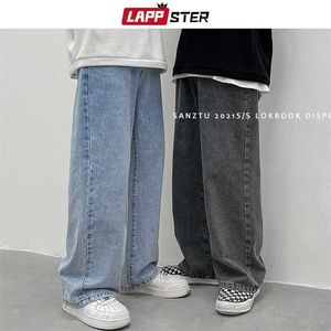 Lappster Men Koreaanse Streetwear Wide Benen Baggy Jeans Mens Herfst Harajuku Vintage Blue Denim Broek Mannelijke Casual Cargo 211108