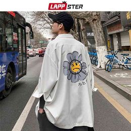 Lappster Hommes Blanc Fleur Blanc Chemises coréennes Mens Half manches Harajuku Black Male Vintage Vêtements Casual Bouton UP 210721