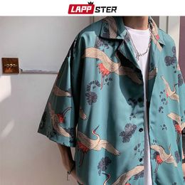 Lappster Mens Crane Print Shirts Harajuku Verano Vintage Botón Up Manga corta Hombre Moda coreana Blusas lisas 210608