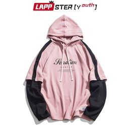 Lappster-jeunesse faux deux pièces sweats à capuche noir pull hommes coréens mode sweats japonais streetwear sweats à capuche 201113