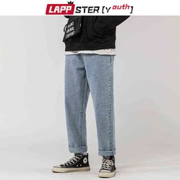 LAPPSTER-pantalones vaqueros azules coreanos para jóvenes, pantalones vaqueros holgados Vintage lisos para hombre 2021, pantalones vaqueros grises a la moda coreana para hombre 5XL G0104