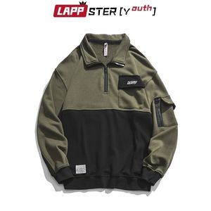 Lappster-Youth Men Harajuku Patchwork Hip Hop Hoodies Japanse Streetwear Fashions Hoodie ArmyGreen Vintage Pockets Hoodie 201113