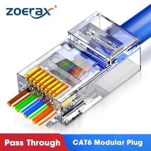Adaptadores para portátiles Cargadores ZoeRax Cat6 CAT5e Pass Through RJ45 Conectores de red de enchufe modular UTP 15 chapado en oro Extremo de orificio de 1 1 mm para cable Ethernet 231007
