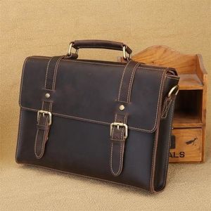 Laptoptassen Hoge kwaliteit lederen schoudertas Vintage Crossbody Echte koeienhuid Heren Messenger Bruin Man Zakelijk 230823