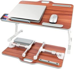 Laptop Bed Tray Table, Kavalan Portable Standing Desk, Foldable Laptop Bed Stand w/Top Handle, Storage Drawer & Phone/Pen Slot, Lap Desk for Working, Eating Cherry Wood
