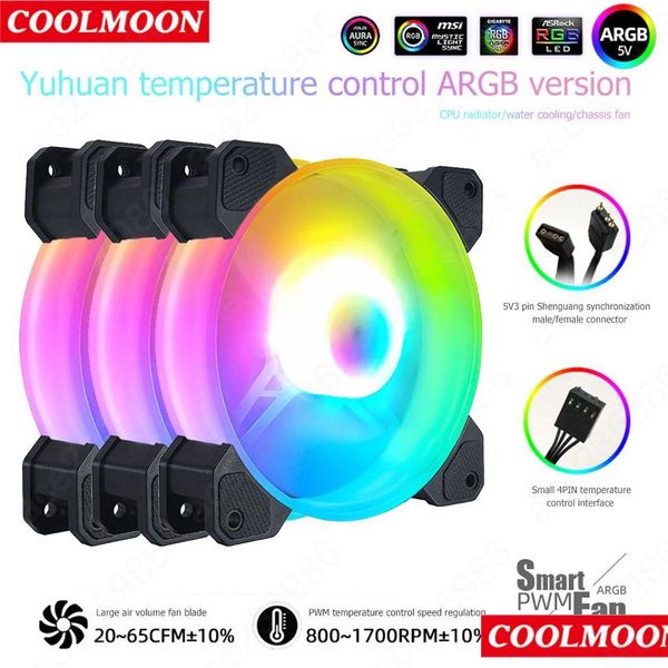 Cajas de la computadora portátil mochila Coolmoon 12cm 12v 4pin PWM PC Case Ventilador para chasis de computadora 5V 3PIN Argb Iluminación Radiador Enfriamiento Heatsi Otdik