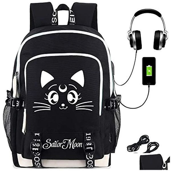 Cas d'ordinateurs portables sac à dos Sailor Moon avec USB Charging Port Cosplay Bookbag pour garçons Girls Gift Sac School Mochila Drop Livilor Comp Dhw1d