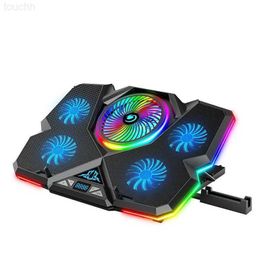 Laptopkoelpads Coolcold Laptopkoeler RGB Gaming Notebook Cool Stand Ergonomie Vijf ventilatoren 2 USB-poorten met HD-display voor 14-17 inch L230923