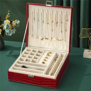 Caja organizadora grande de joyería de cocodrilo en relieve de 2 capas, collares, pendientes, anillos, estuche de maquillaje de almacenamiento de cuero con cerradura 230814