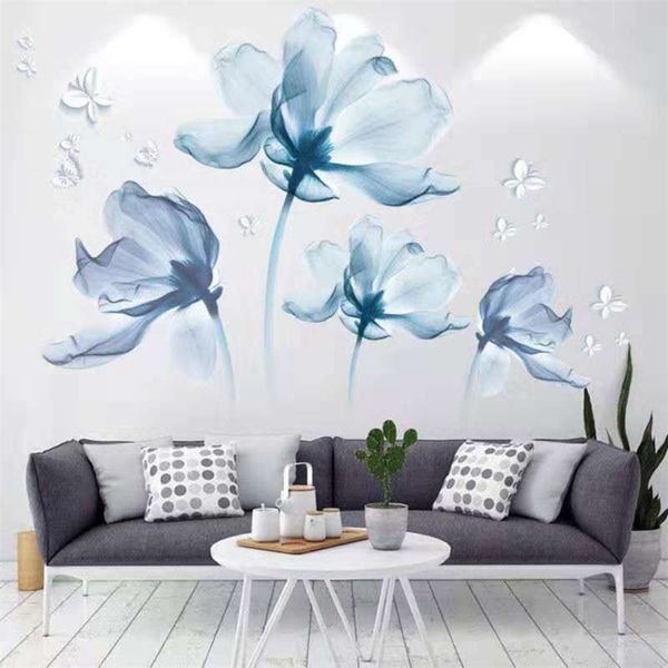 Gran 3D flor azul mariposa sala de estar boda dormitorio decoración vinilo pegatinas de pared DIY decoración del hogar moderno arte de la pared cartel 210929