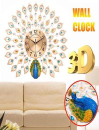 Grande 3D Diamond Crystal Quartz Peacock Wall Clocks Regardez le design moderne européen pour le décor de salon à domicile Horloge murale silencieuse 2297832