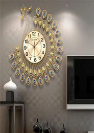 Grote 3D gouden diamant pauw ilent moderne wandklok metalen horloge voor huis woonkamer decoratie diy klokken ambachten ornamenten cadeau1807671
