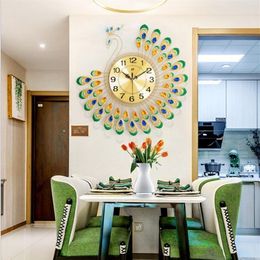 Grande horloge murale paon en diamant doré 3D, montre en métal pour la maison, décoration de salon, bricolage, horloges artisanales, ornements, cadeau 2324