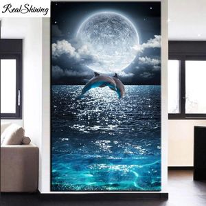 grand 5d diy diamant peinture lune lumineuse sur la mer pleine mosaïque carré rond broderie strass sautant dauphin décor F472 201112