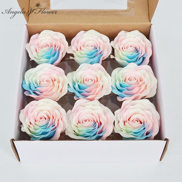 Grand 8cm Coloré Rose Savon Têtes De Fleurs Arc-En-Ciel Lumineux Tête De Fleur Éternelle Boîte Cadeau Créative Bouquet Matériaux Faits À La Main 9pcs