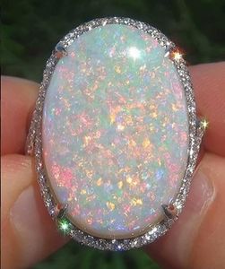 Grand 925 Anneau en argent sterling solide Natural Gemstone Fire Opal Diamond Mariage de mariage