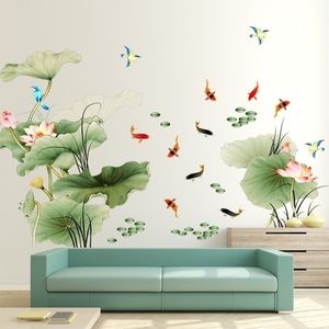 Grand 97x225cm de style chinois Lotus Flower Living Room Stickers Sofa Wall Decals Vintage Affiche Stikers Art Y200103