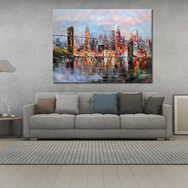 Lienzo abstracto grande, paisaje del horizonte, puente de Brooklyn de Nueva York, pintura al óleo pintada a mano, pieza de declaración para el hogar