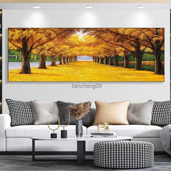 Pintura al óleo abstracta grande del árbol del otoño del oro en la lona Mural decorativo Unframe colgante de acrílico para la sala de estar Arte de la pared del dormitorio L230620