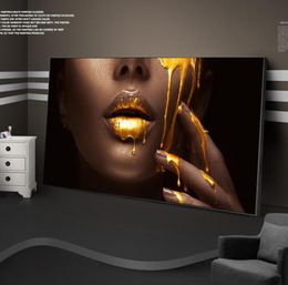 Pósteres e impresiones artísticos en lienzo de cara de mujer africana grande, pinturas en lienzo de labios sexis dorados en la pared, imagen artística para sala de estar 7488680