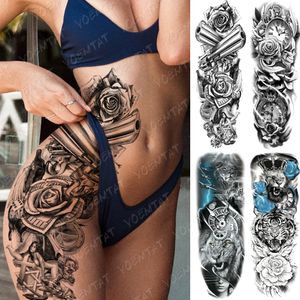 Grote Arm Mouw Tattoo Gun Rose Leeuw Waterdichte Tijdelijke Tattoo Sticker Klok Bloem Taille Been Body Art Volledige Nep Tatoo Vrouwen