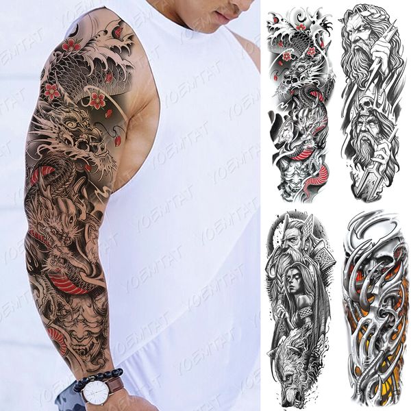 Manga de tatuaje para brazo grande, dragón japonés, Prajna, tatuaje temporal impermeable, pegatina, arte corporal mecánico, Tatuaje falso completo, mujeres y hombres