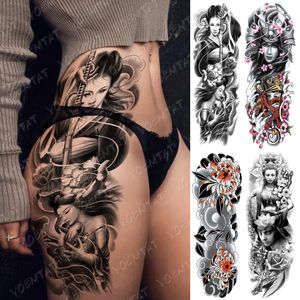 Grand bras manches tatouage japonais Geisha samouraï étanche temporaire Tatto autocollant pistolet jambe chasteté corps Art faux Tatoo femmes