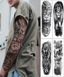 Grand bras manche tatouage Lion Crow King Rose Rose imperméable Tatoo Tatoo Sticker Wild Wolf Tiger Men Full Skull Totem Tatto T1907119731779