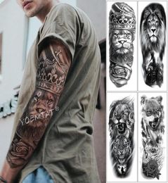 Grand bras manche tatouage lion couronne roi rose étanche à tatouage temporaire autocollant sauvage wolf tigre complet crâne totem tatou tatto t1907117879639