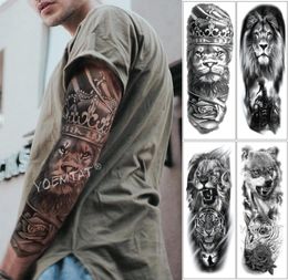 Grand bras manche tatouage lion couronne roi rose étanche à tatouage temporaire autocollant sauvage wolf tigre complet crâne totem tatou tatto t1907112682246