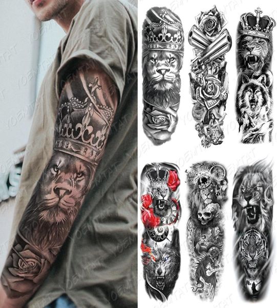 Grand bras manches tatouage Lion couronne roi Rose imperméable temporaire Tatoo autocollant loup sauvage tigre hommes complet crâne Totem Tatto1749753