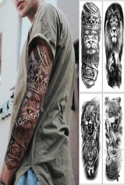 Tatuaje de manga de brazo grande Lion Crown King Rose impermeable Templete temporal Templete Wild Wolf Men Full Skull Totem Tatto T1907112972882