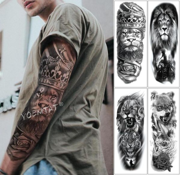 Tatuaje de manga de brazo grande Lion Crown King Rose impermeabilizando el agua Templete temporal Wild Wolf Tiger Men Full Skull Totem Tatto T1907112682246