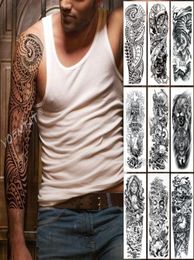 Tatuaje de manga de brazo grande maori potencia tótem impermeable tatuaje temporal pegatina guerrera samurai ángel calavera hombres completos tatuajes negros T203609235