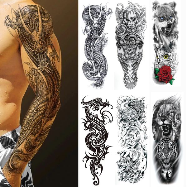 Grand bras manches tatouage autocollant étanche temporaire tatouage autocollant baleine tigre poisson hommes plein crâne Totem faux tatouage pour les femmes