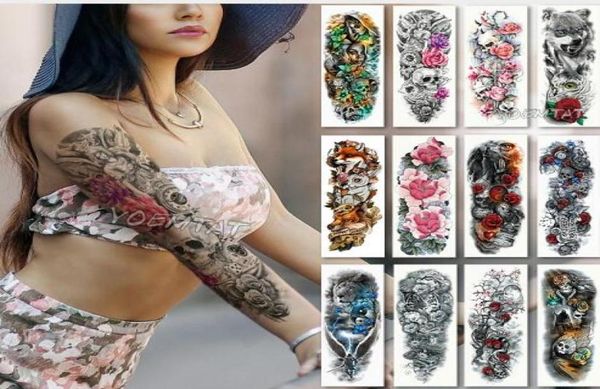 Grand bras manches tatouage imperméable temporaire tatouage autocollant crâne lotus hommes pleine fleur Tatoo corps Art tatouage girl4850255