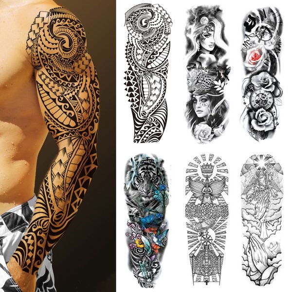 Grand bras tatouage autocollant manches complètes tatouages temporaires pour hommes poisson loup tigre tatouage faux Tatoo pour femmes étanche corps Art