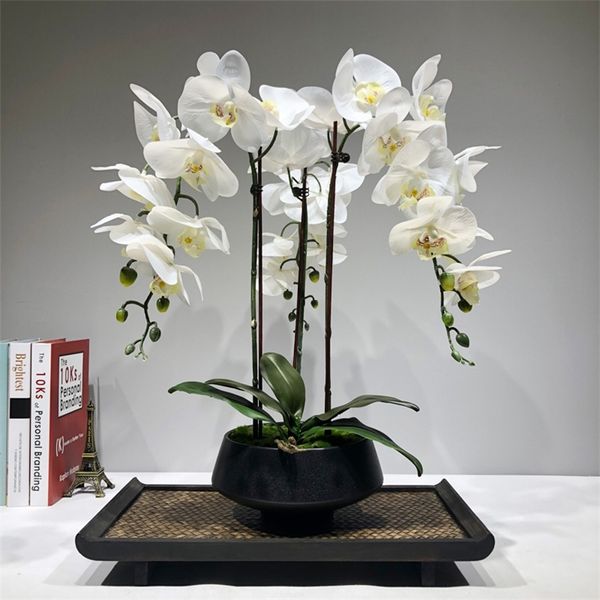 Grand arrangement de fleurs d'orchidées artificielles PU toucher réel sensation de main sol décoration de table maison bouquet de haute qualité sans vase 210317
