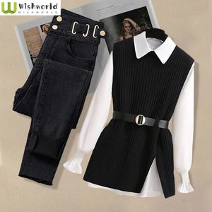 Grote herfst- en winterpak voor vrouwen Koreaanse mode gebreide vest -shirt casual slanke jeans driedelige set 240326