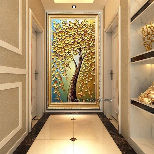 GRANDES BEST MAIN PEINTURE COUTEUR PEINTURE PEINTURE PEINTURE DE L'HUILE D'HUILE 3D GOLDEN TREE D'HUILE DE L'HUILE Pantations murales sur Toile pour salon 210310