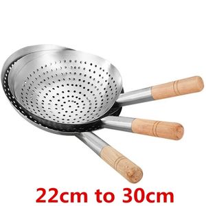 Grande grande passoire à mailles en acier inoxydable épaisse passoire wok manche en bois ustensiles de cuisine huile farine tamis passoire cuisine cuisson wok 220423