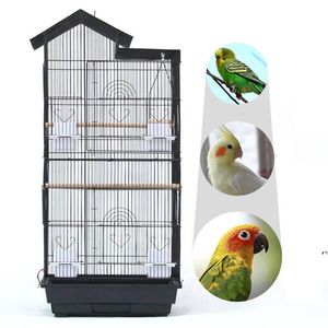 Spacious 39-inch Metal Bird Cage with Roof Top, Plastic Feeders, for Parrots & Finches - Black/White