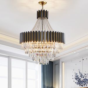 Grote zwarte kroonluchter, cadeau LED -lamp, in hoogte verstelbare, kristallen kroonluchter voor hotelvilla lobby spiraalvormige trap