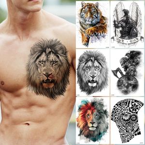 Grands tatouages temporaires de Lion noir pour hommes adultes réaliste chevalier ailé Cool tigre faux tatouage autocollant poitrine bras Tatoos