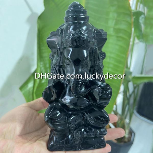 Estatua de Ganesha de piedra de obsidiana negra grande, decoración tallada, cristal de lava volcánica Natural, cristal de cuarzo, elefante, Dios, deidad hindú, figura de Ganesh, Altar, conexión divina