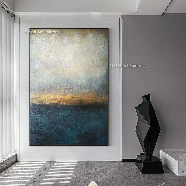 Pintura de aceite dorado azul grande en lienzo Pintura de lienzo de lienzo Pintura al atardecer Paisaje pintado a mano Arte de pared Pintura abstracta azul para decoración del dormitorio