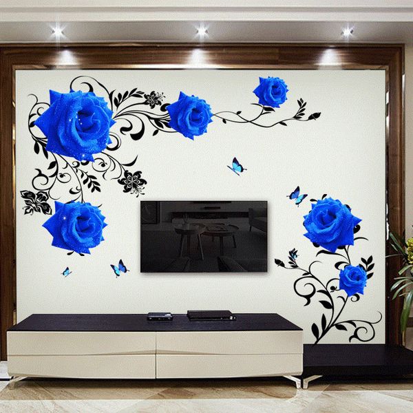 Grandes fleurs roses bleues Canapé / TV Fond Wall Sticker Décoration de la maison DIY Chambre Salon Mural Art Stickers Affiche Autocollants 201106