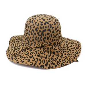 Grote rand Leopard Print Felt Dome Hat Wome Fedora Hoeden Fascinators Hoed voor Vrouwen Elegante Floppy Cap Sun Protection Chapeau